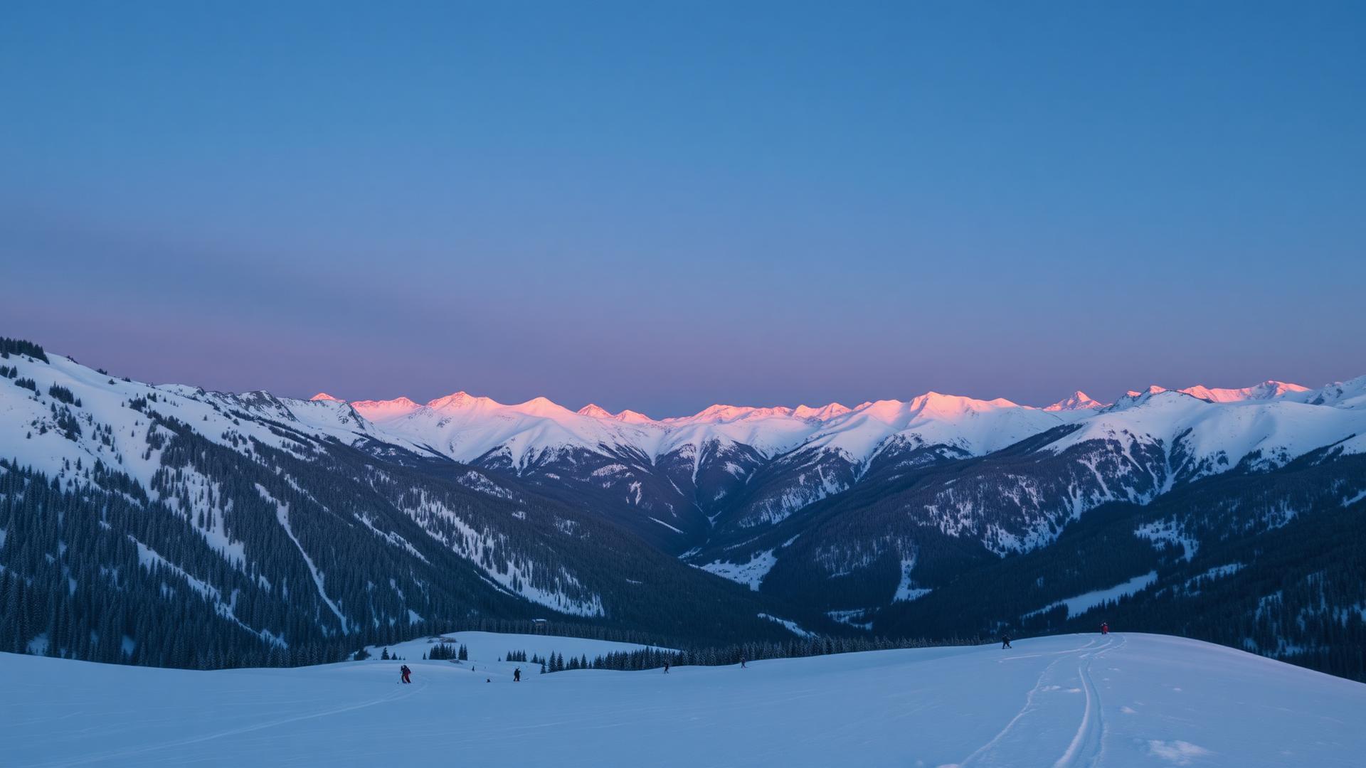 Alpenglow on a snow covered European ski range at dusk